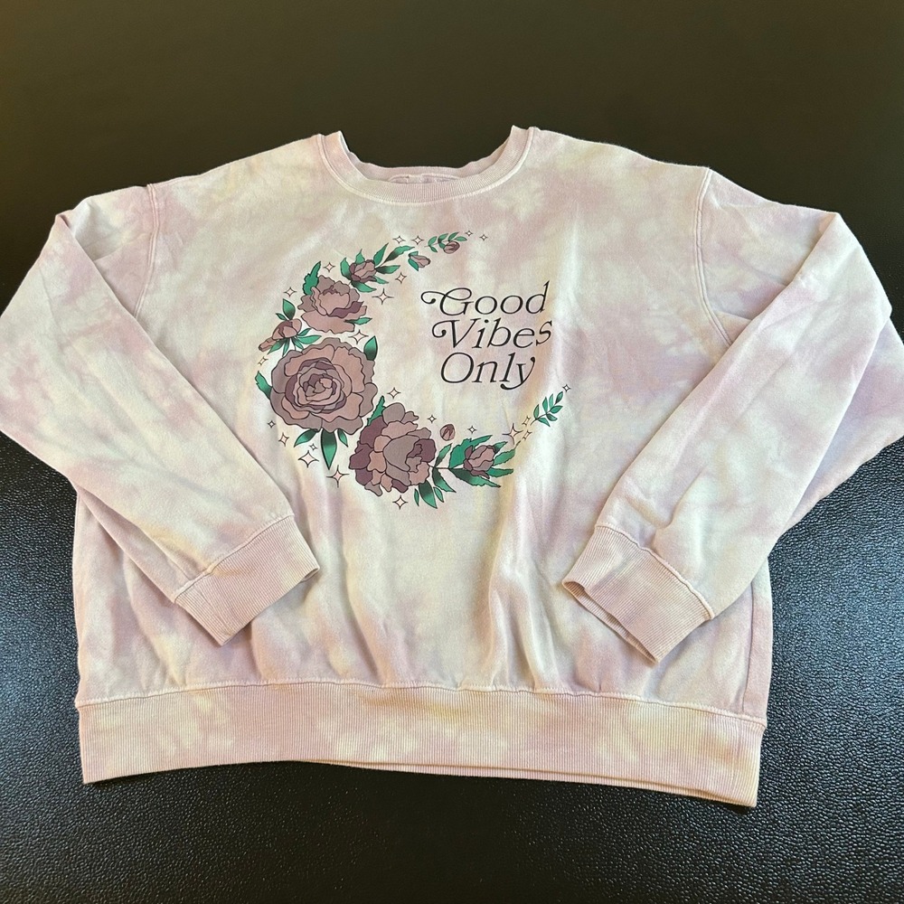 Awake Tie Dye Sweatshirt Good Vibes Graphic Pullover Comfy Casual Womens Large
